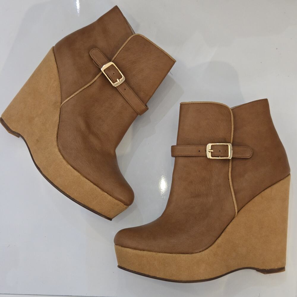 Stella McCartney‎ Beige Leather Brown Wedge Ankle Boot Size 39